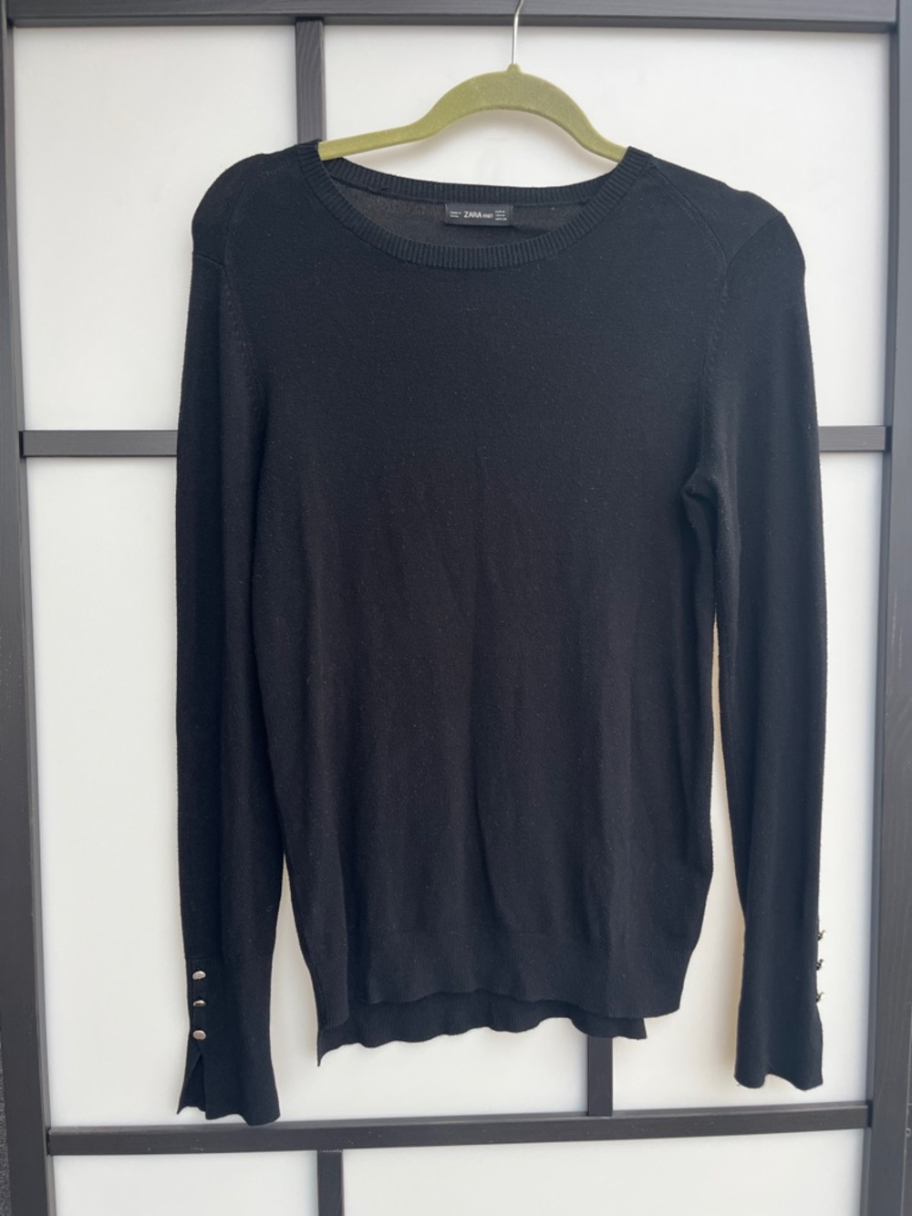 Zara Black Long-Sleeve Crewneck Sweater with Cuff Buttons